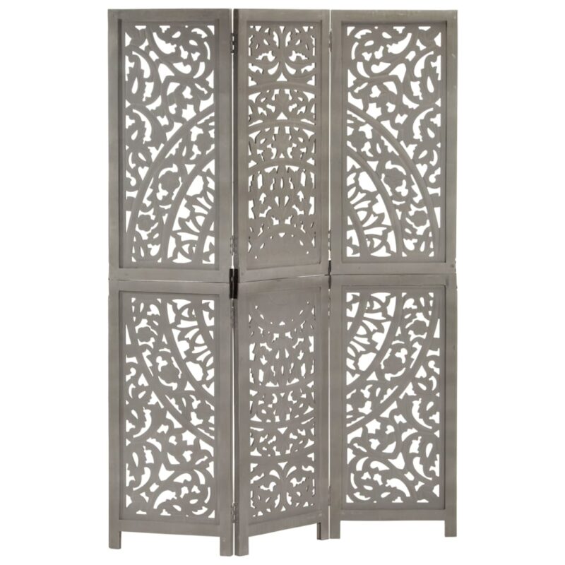 vidaXL Παραβάν Σκαλιστό στο Χέρι 3 Πάνελ Γκρι 120x165 εκ. Ξύλο Μάνγκο