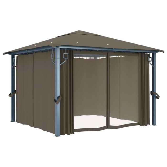 Κιόσκι με Κουρτίνα και Φωτάκια LED Taupe 3 x 3 μ. Αλουμινίου - Image 4