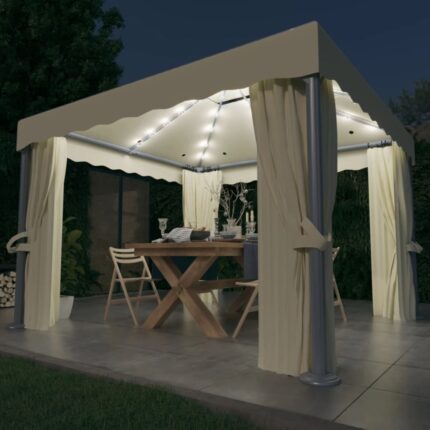 vidaXL Κιόσκι με Κουρτίνα και Φωτάκια LED Λευκό Κρεμ 3 x 3 μ.