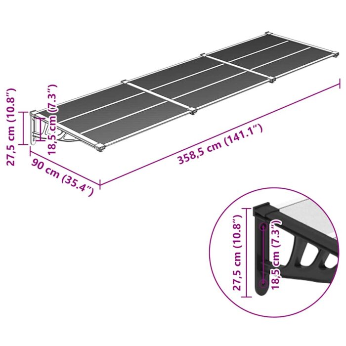 Στέγαστρο Πόρτας Μαύρο & Διαφανές 358,5x90 εκ από Πολυκαρβονικό - Image 6