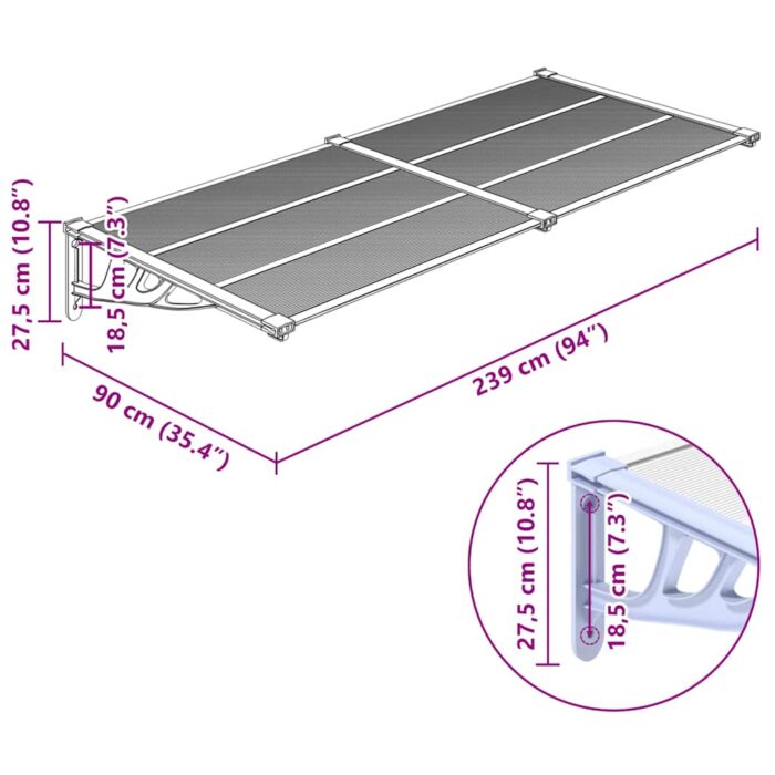 Στέγαστρο Πόρτας Γκρι & Διαφανές 239x90 εκ από Πολυκαρβονικό - Image 6