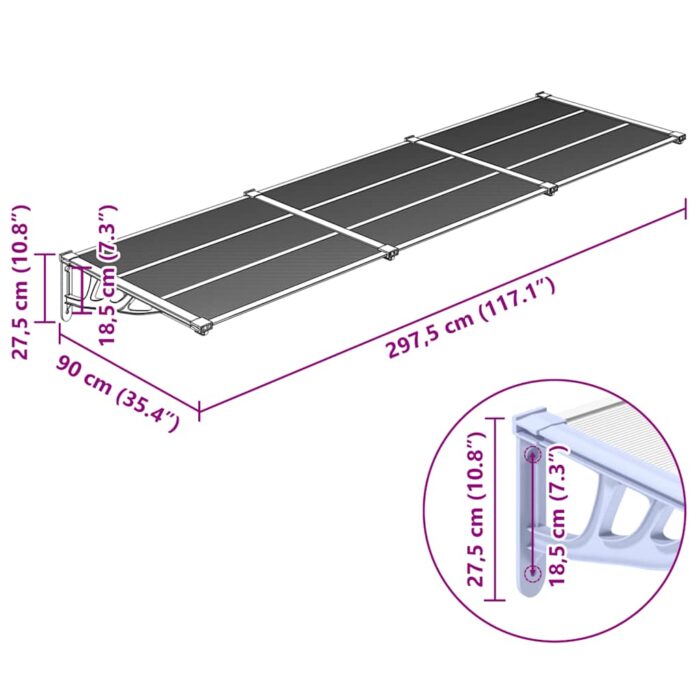 Στέγαστρο Πόρτας Γκρι & Διαφανές 297,5x90 εκ από Πολυκαρβονικό - Image 6