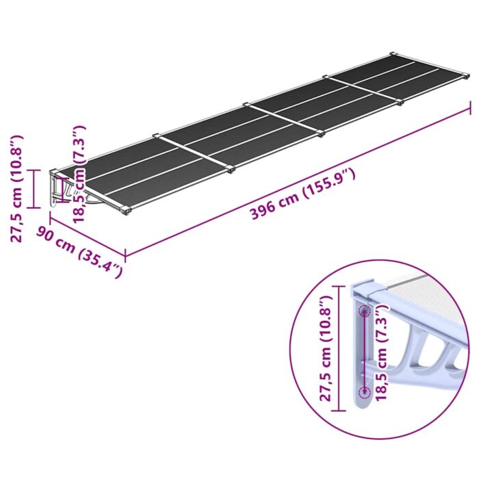 Στέγαστρο Πόρτας Γκρι & Διαφανές 396x90 εκ από Πολυκαρβονικό - Image 6