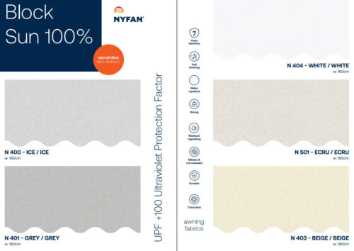 Τεντόπανο Nyfan Tencate τιμή τετραγωνικού Aυτοπλενόμενο - Σιμμικτο εκρού Εκρού (χρωματολόγιο μονόχρωμων παρακάτω*) Αυτοπλενόμενο τεντόπανο: Διπλής επίστρωσης 100% Polyester, 100% αδιάβροχο με επεξεργασία Selfcleaning, το οποίο παραμένει καθαρό για διπλάσιο διάστημα από τα κοινά τεντόπανα Η συλλογή είναι από Nyfan Tencate. Γινονται κατασκευές για αντικαστάσταση με θήκη για σωλήνα, και βολάν-(ποδιά) αν επιθυμείτε. Αντιμουχλικό - WATER REPELLENT - χαμηλό βαθμό συρρίκνωσης -ίνες επιβραδύνουν την καύση - 7 χρόνια εγγύηση Για το ορθό υπολογισμό τους κόστους της τέντας προσθέστε στο ΚΑΤΕΒΑΣΜΑ + Ύψος 70cm για θήκη, βολάν και τύλιγμα στον άξονα! Το φάρδος είναι τελικό μετρώντας το πανί (όχι μετρώντας το σωλήνα μαζί με το μηχανισμό) Για γραπτή προσφορά στείλτε email argiako@gmail.com- προσωμοίωση χρωμάτων μπορούμε να κάνουμε βιντεοκλήση. Το τεντόπανο για το σύστημα τέντας που έχετε, το παραλαμβάνετε έτοιμο για τοποθέτηση, στις διαστάσεις σας. Απαιτείται βίδωμα. Επαγγελματικό Προιόν. Συστήνεται η αντικατάσταση από ειδικευμένους τεχνίτες. ΠΡΟΣΟΧΗ *Τα χρώματα επηρεάζονται ιδιαίτερα από την φωτεινότητα κάθε οθόνης υπολογιστή ή κινητού. ελάχιστο 6τετραγωνικά ανά τεμάχιο nyfAN CATALOGUE 3