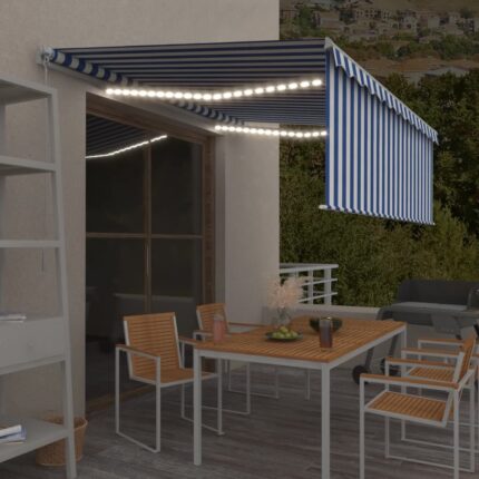 vidaXL Τέντα Συρόμενη Χειροκίνητη με Σκίαστρο & LED Μπλε/Λευκό 4
