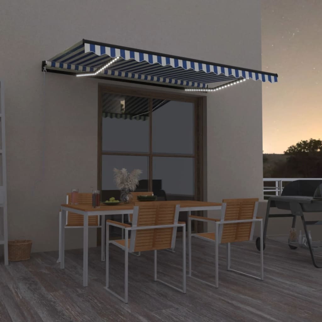 vidaXL Τέντα Συρόμενη Χειροκίνητη με LED Μπλε / Λευκό 400 x 350 εκ. vidaXL Τέντα Συρόμενη Χειροκίνητη με LED Μπλε / Λευκό 400 x 350 εκ.