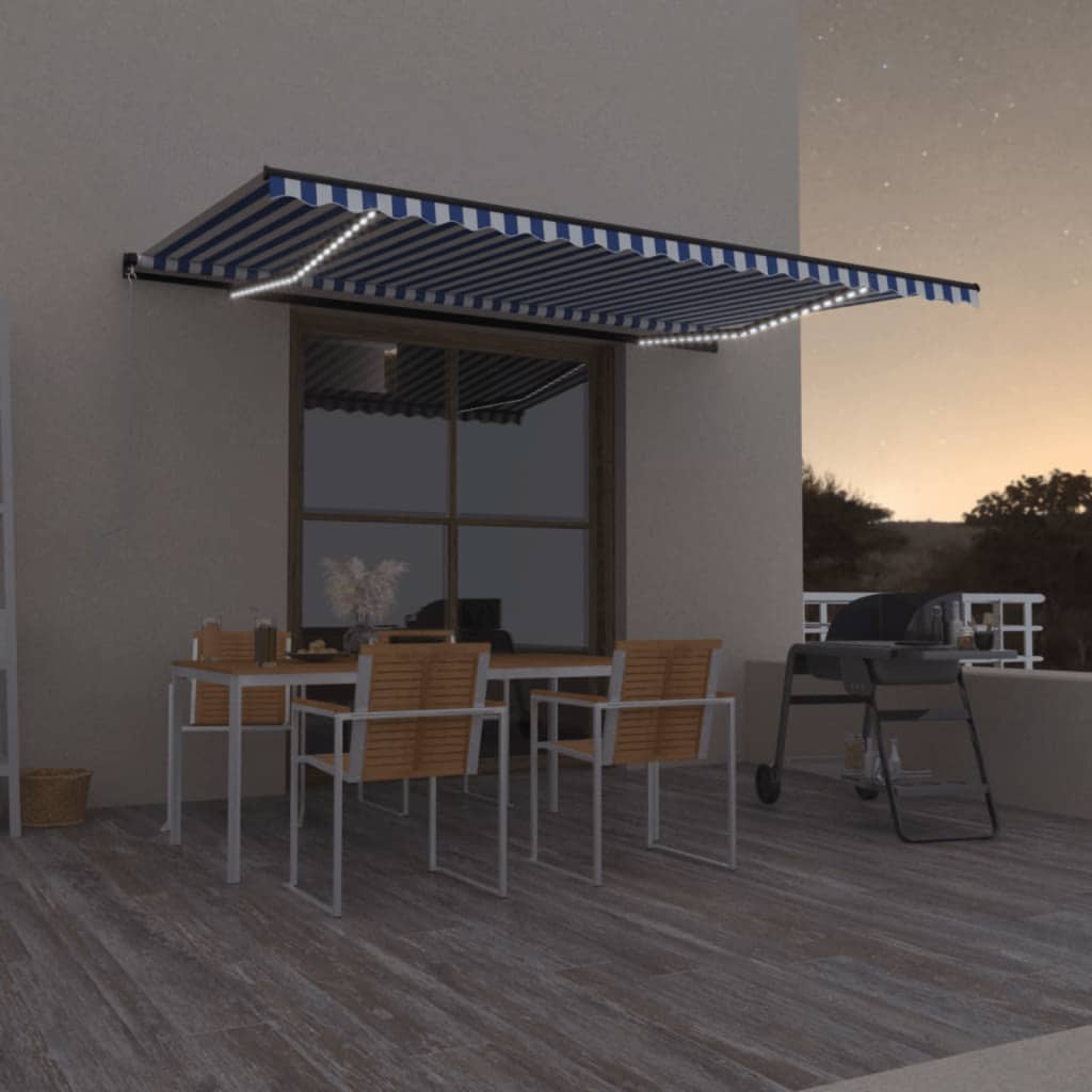 vidaXL Τέντα Συρόμενη Χειροκίνητη με LED Μπλε / Λευκό 500 x 350 εκ. vidaXL Τέντα Συρόμενη Χειροκίνητη με LED Μπλε / Λευκό 500 x 350 εκ.