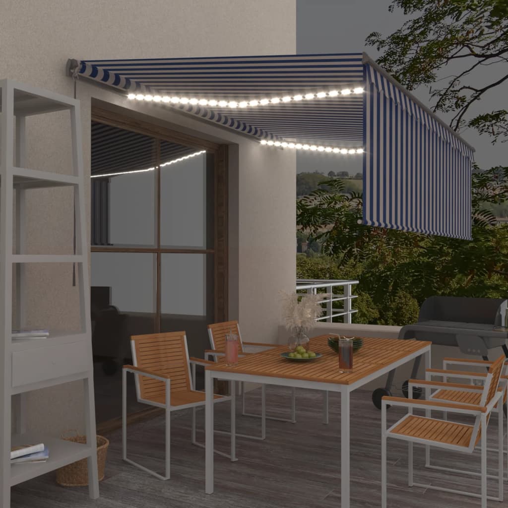 vidaXL Τέντα Συρόμενη Χειροκίνητη με Σκίαστρο & LED Μπλε/Λευκό 4 x 3 μ vidaXL Τέντα Συρόμενη Χειροκίνητη με Σκίαστρο & LED Μπλε/Λευκό 4 x 3 μ