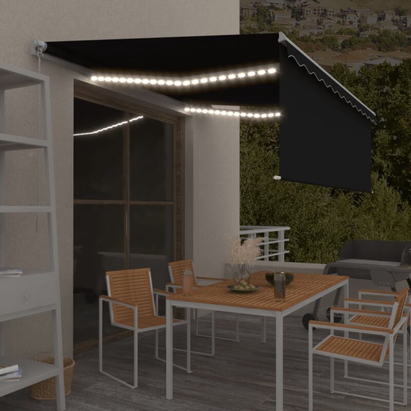 vidaXL Τέντα Συρόμενη Χειροκίνητη με Σκίαστρο & LED Ανθρακί 4
