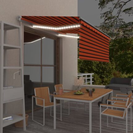 vidaXL Τέντα Συρόμενη Χειρ. Στόρι Σκίασης/LED Πορτοκαλί/Καφέ 3