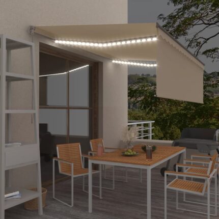 vidaXL Τέντα Συρόμενη Χειροκίνητη με Σκίαστρο & LED Κρεμ 4 x 3 μ.