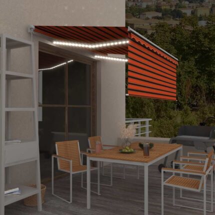 vidaXL Τέντα Συρόμενη Χειρ. Στόρι Σκίασης/LED Πορτοκαλί/Καφέ 3
