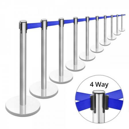 brushed stainless steel retractable barrier posts with blue webbing set of 10 p1636 26735 image 450x450 1